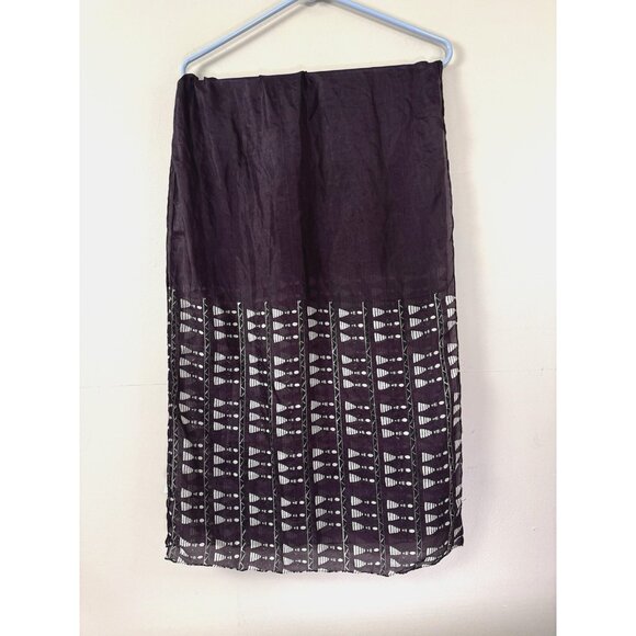 Womens Purple Silk Rectangle Blouse Wooden Doll Print Black White Geo Head Scarf - Picture 2 of 13